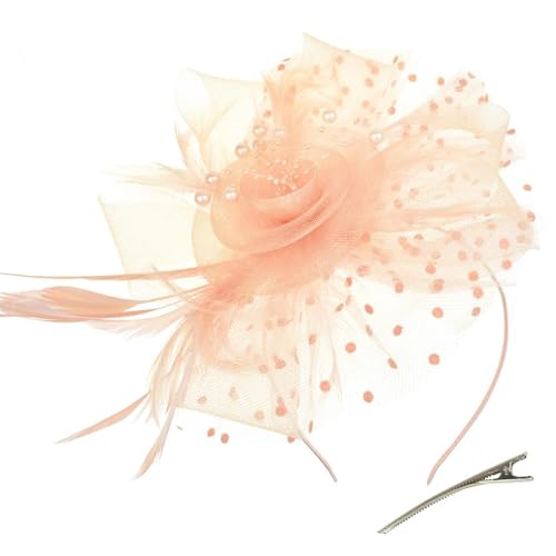 JUNBESTN Fascinators Hat Tea Party Headwear for Women Flower Mesh Feathers Headband - color: Champagne Pink