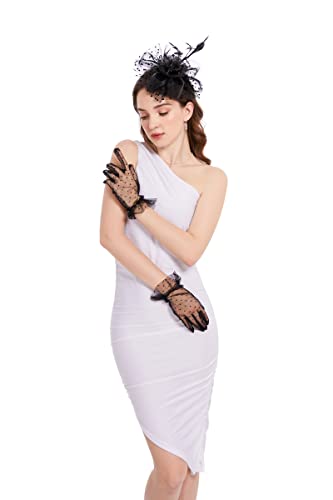 GurZinn Fascinator Hat Veil Feather Fascinator Tea Party Bridal Wedding Veil Pillbox Hat - color: C-black Hat&glove
