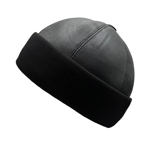 Lukkizara Winter Sheepskin Leather Fur Knit Beanie Cuff Round Bucket Winter Ski Docker Hat - color: Solid Black