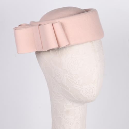 HIMESPORT Wool Felt Bowler Fascinators Hats for Women Ladies Female Elegant Wedding Tea Party Beret Hat with Bowknot - color: Pink 1