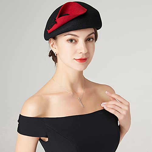 ORIDOOR Women Vintage 100% Wool Felt Flowers Bucket Cloche Bowler Hat Church Wedding Beret Hat - color: F01-black and Red