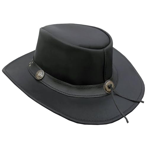 Leather Cowboy Hat for Men Women Western Australian Outback Hat with Shapeable Wide Brim, Aussie Style Leather Hat - color: Black, size: Medium