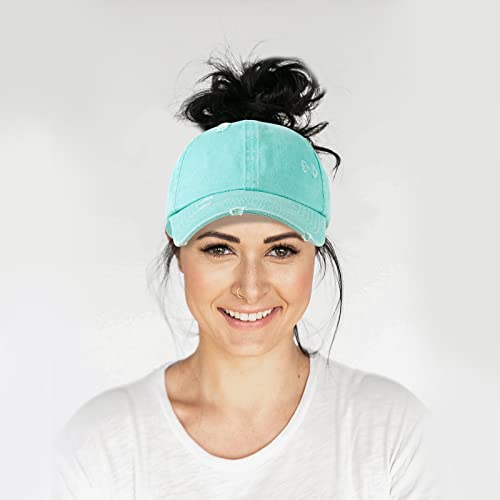 HH HOFNEN Ponytail Hat for Women Washed Distressed Baseball Cap Ponycaps - color: #2 Black+blue+red