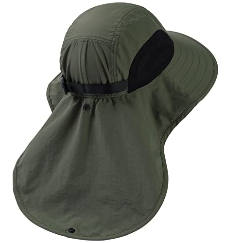 BASSDASH UPF 50+ Unisex Water Resistant Wide Brim Sun Hat with Large Neck Flap Ponytail Fishing Hat for Men Women - color: Army Green