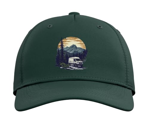 White Camper Van RV: Embrace the Mountain Travel Life Adjustable Baseball Hat - color: Dark Green