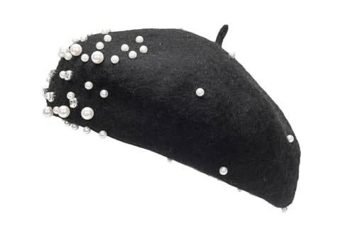 Women Wool Beret Hat, Classic French Artist Hat, Winter Warm Hat for Ladies - color: Black and Rhinestone