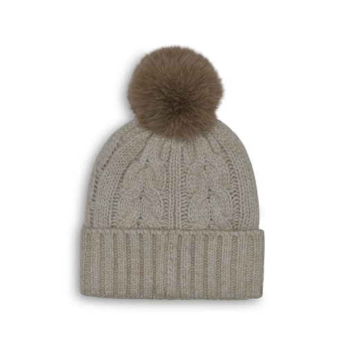 Calvin Klein Women's Cable Knit Beanie with Faux Fur Pom - color: Heathered Almond