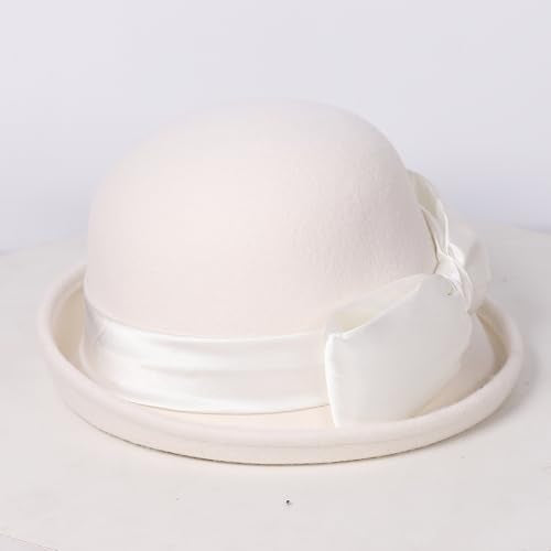 Women Solid Color 100% Wool Winter Hat Women Cloche Bucket Bowler with Bowknot - color: White 1