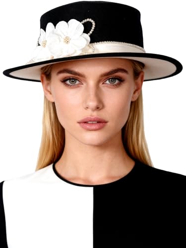 HIMESPORT Women's Black/White Dome and Flat Brim Wool Felt Fedora Hat with Flower Beaded Formal Church Cocktail Hats - color: Black