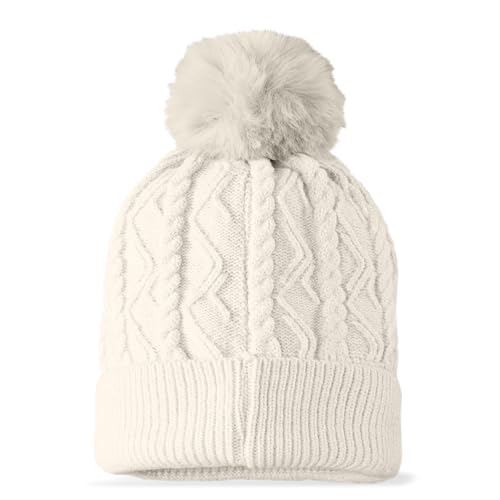 DALIX Cable Knit Pom Beanie Soft Stretch Skully Warm Fuzzy Faux Sherpa Winter Ski Beanie - color: Cream