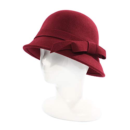 Ladies Wool Felt Bucket Hat Women Vintage Cloche Fedora Winter Church Bowler Hat with Bow - color: Red Wine