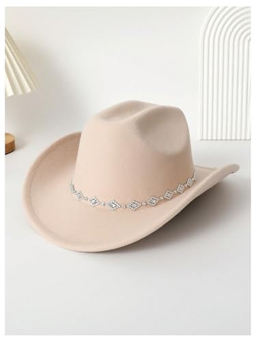 Verdusa Women's Western Cowboy Hat Rhinestone Wide Brim 2026 Cowgirl Hat - color: Beige