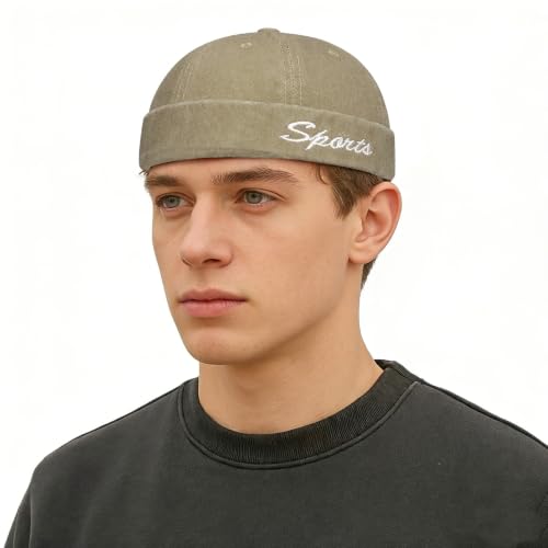Sailor Brimless Skull Hat, Washed Cotton Docker Hat for Men Vintage - color: B-khaki