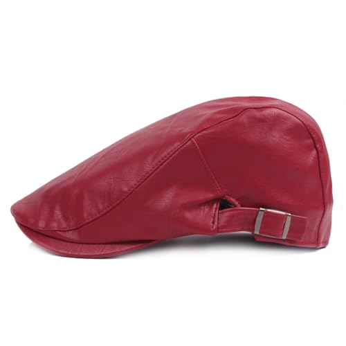 Quanhaigou Men Adjustable PU Leather Ivy Cap Newsboy Hat Women Beret Caps Classic Golf Cap Gatsby Driving Hat - color: Plain Red