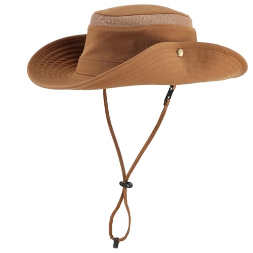 Home Prefer UPF 50+ Wide Brim Sun Hat Mesh Crown Foldable Cotton Bucket Cowboy Hat for Men Safari Golf Fishing Beach Garden - color: Brown, size: Medium