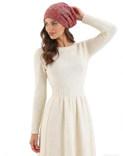 Crochet Slouchy Beanie Hat Turbans Headware for Women - color: Bea08 - Brick Red