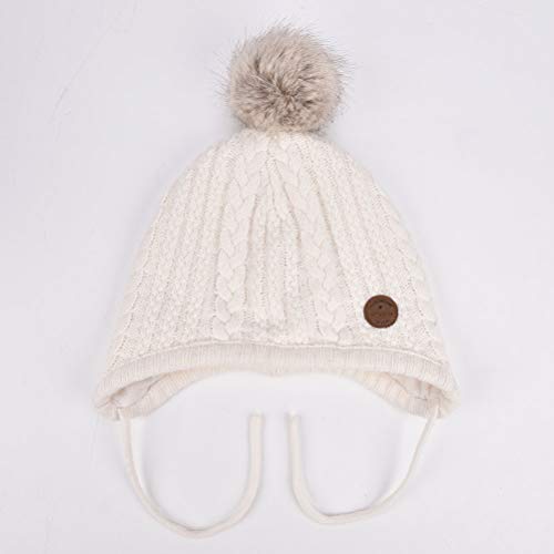 Toddler Baby Boys Girls Winter Hat Kids Ear Flap Warm Fleece Lined Knit Beanie Fur Pom Hat - color: White With Faux Fur Pompom, size: 2-6 Years