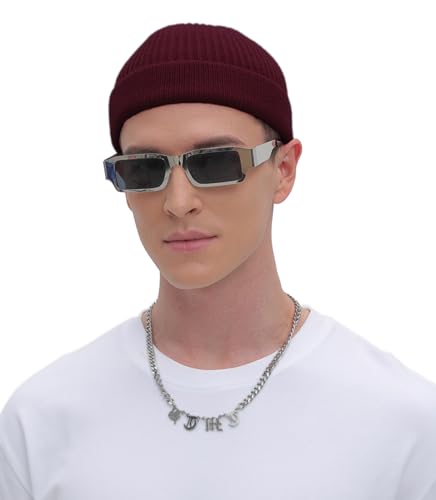ROYBENS Thin Swag Wool Short Fisherman Beanie for Men Women Knit Winter Hat - color: 2pcs-black+wine Red