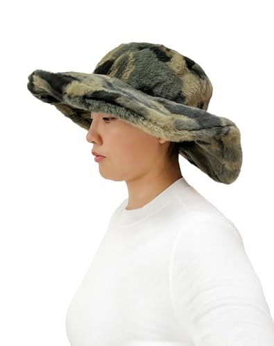 Lina & Lily Oversized Women's Winter Bucket Hat Faux Fur Wide Floppy Brim - color: Camouflage Green