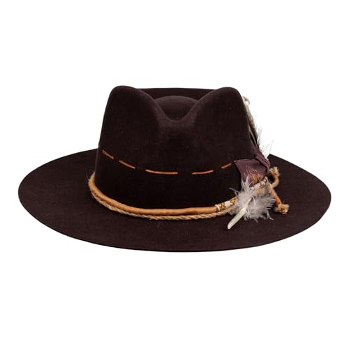 RUEDIGER Vintage Wide Brim Fedora Hats 100% Wool Stiff Felt Hat Rancher Hat with Lightning Logo Handmade Distressed/Burned - color: Tan, size: 7 1/8