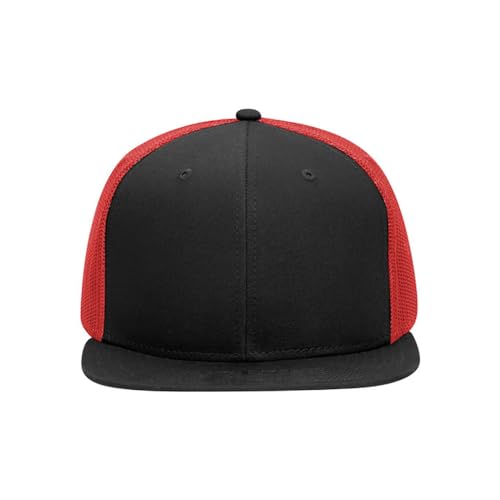 Ashen Fane 6 Panel Mid Profile Mesh Back Structured Trucker Adjustable Snapback Hat - color: Blk/Blk/Red