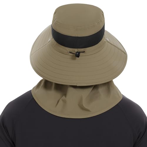 BASSDASH UPF 50+ Breathable Sun Hat with Removable Face Cover and Neck Flap Wide Brim Bucket Hat for Fishing Hiking Men Women - color: Khaki