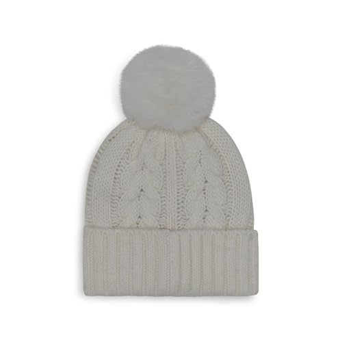 Calvin Klein Women's Cable Knit Beanie with Faux Fur Pom - color: Cream
