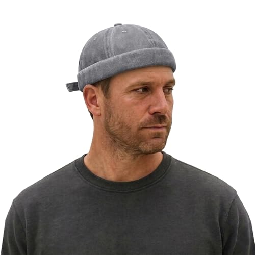 Sailor Brimless Skull Hat, Washed Cotton Docker Hat for Men Vintage - color: Grey