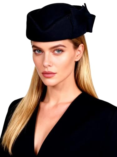 HIMESPORT Wool Felt Bowler Fascinators Hats for Women Ladies Female Elegant Wedding Tea Party Beret Hat with Bowknot - color: Black