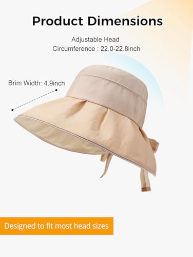 Women Summer Sun Hats Wide Brim Foldable Packable UPF 80+ UV Protection Travel Beach Outdoor Bucket Hat Bow Tie - color: Yellow