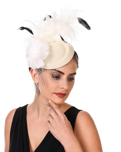 SAFERIN Fascinator for Women Hair Clip Hat Bowler Feather Flower Veil Wedding Party Hat Tea Hat - color: C-beige