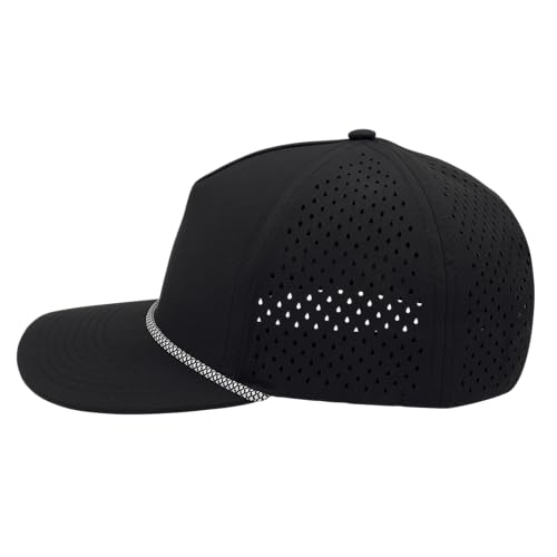 Gilbert Performance 5‑Panel Snapback Hat – Adjustable Flat Bill Cap, Breathable Mesh, Water‑Repellent Fabric, Unisex - color: Black With Rope