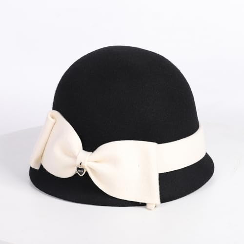 Women Solid Color 100% Wool Winter Hat Women Cloche Bucket Bowler with Bowknot - color: Black With Cream Bow