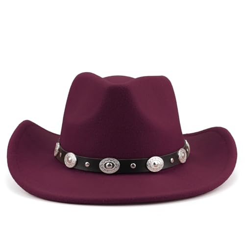 DRESHOW Women Men Classic Felt Wide Brim Western Cowboy & Cowgirl Cap Belt Buckle Retro Panama Hat Unisex Rolled up Caps - color: 1 Pack Style 1: Burgundy (Hat Circumference: 22-22.8")
