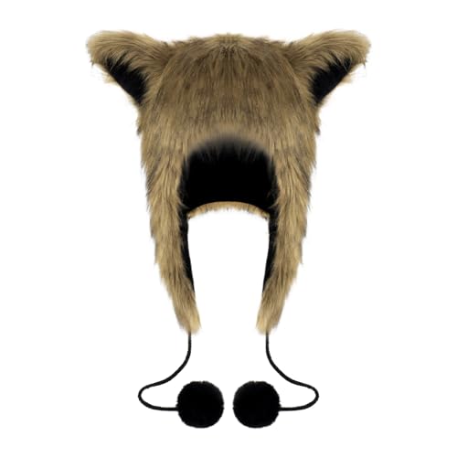 PURFUN Fuzzy Faux Fur Full Hood Trapper Hats with Animal Ear, Adults Halloween Cosplay Roleplay Cat Wolf Ear Hooded Hats - color: Light Brown