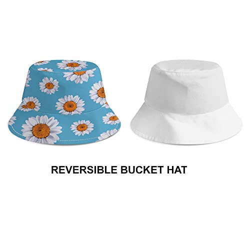 WIRESTER Reversible Bucket Hat Unisex Girl Women Men for Summer Outdoor Travel - color: Daisy Pattern Teal