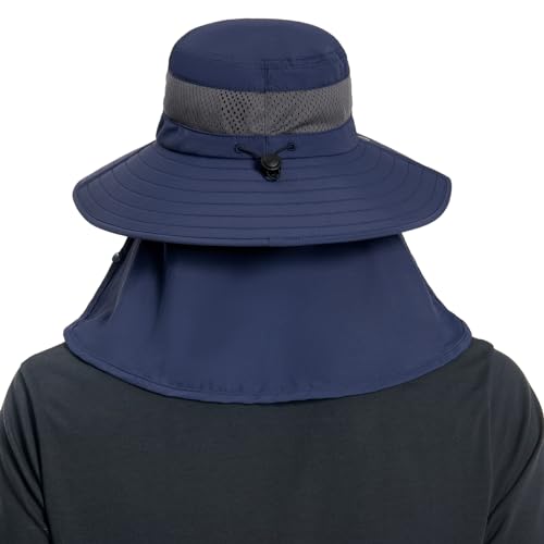 BASSDASH UPF 50+ Breathable Sun Hat with Removable Face Cover and Neck Flap Wide Brim Bucket Hat for Fishing Hiking Men Women - color: Dark Blue