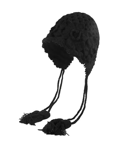 MINGSEECESS Women Girls Knitted Beanie Hat Crochet Braided Knit Warmer Cap Skiing Snowboarding Ear Flap Hats - color: Knitted-black