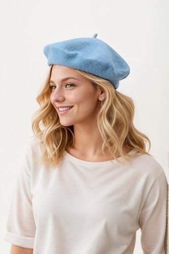 Women's Beret Hats - French Wool Blend Winter Cap, 70% Wool All-Season Soft Beret Hats for Women (Multi-Color) - color: Sky Blue
