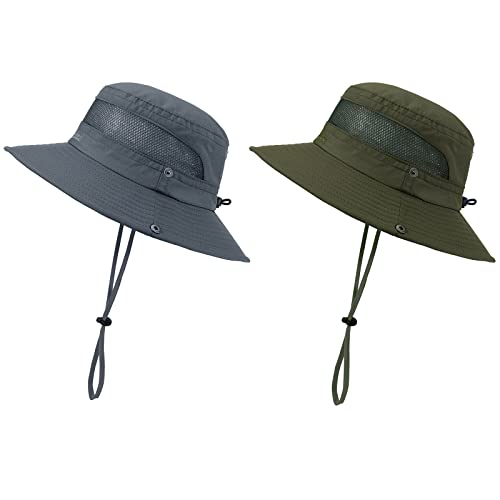 Kids Sun Hat UPF 50+ Safari Bucket Hat for Boys Girls - color: 2 Pack Dark Grey & Army Green, size: Medium