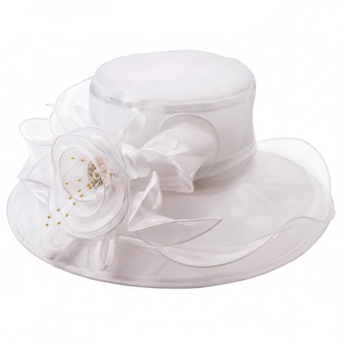 AQOKKA Women Organza Church Fascinators Kentucky Derby Hats for Women and Girls Wedding Flower Tea Party Hat with Wide Brim - color: Organza Rose : White