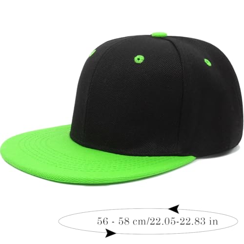 Snapback Hat Flat Bill Visor Hats Adjustable Hip Hop Baseball Cap for Women Men - color: Black Bright Green