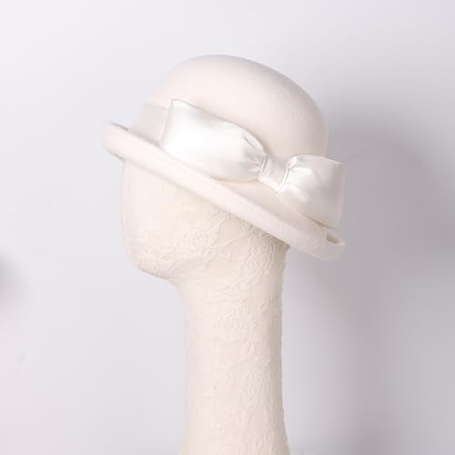 Women Solid Color 100% Wool Winter Hat Women Cloche Bucket Bowler with Bowknot - color: White 1