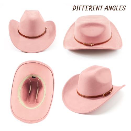 DRESHOW Cowboy Hat for Women and Men Wide Brim Western Cowboy Cowgirl Hat with Belt Buckle Unisex Rolled up Caps - color: Blush Pink