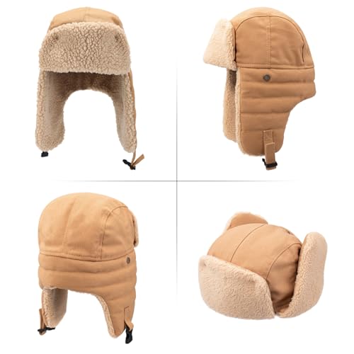 Peicees Trapper Hat with Fur Ear Flaps Russian Ushanka for Men Women Winter Snow Hat for Cold Weather Aviator Cap Warm - color: Khaki