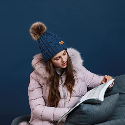 REDESS Women Winter Pompom Beanie Hat with Warm Fleece Lined Thick Slouchy Snow Knit Hat Skull Ski Cap - color: Dark Denim