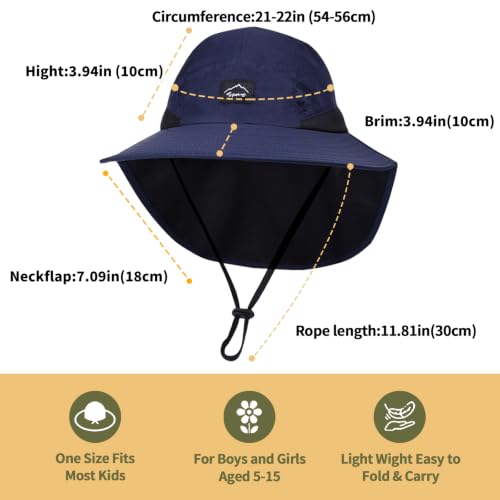 ZOORON Kids Sun Hat with Neck Flap Beach Fishing Bucket for Boys Girls - color: Navy Blue