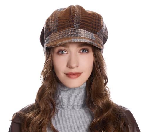 ZLYC Women Classic Newsboy Cap Visor 8 Panel Gatsby Cabbie Paperboy Hat - color: Plaid Coffee and Khaki