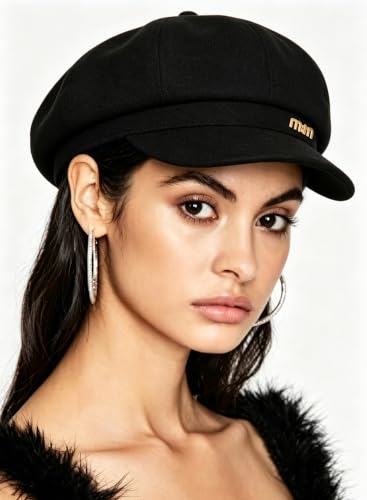 Women's French Octagonal Beret Newsboy Cap Outdoor Painter Hats - color: Black Mm