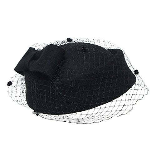 Pillbox Hat, Wedding Hat Caps with Veil Vintage Bow Fascinator Hats Caps for Women A Black